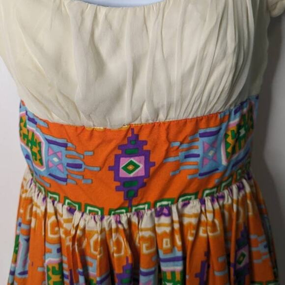 Vintage 60's 70's Empire Waist Maxi Dress Bold Graphic Print Chiffon Top - Picture 4 of 10